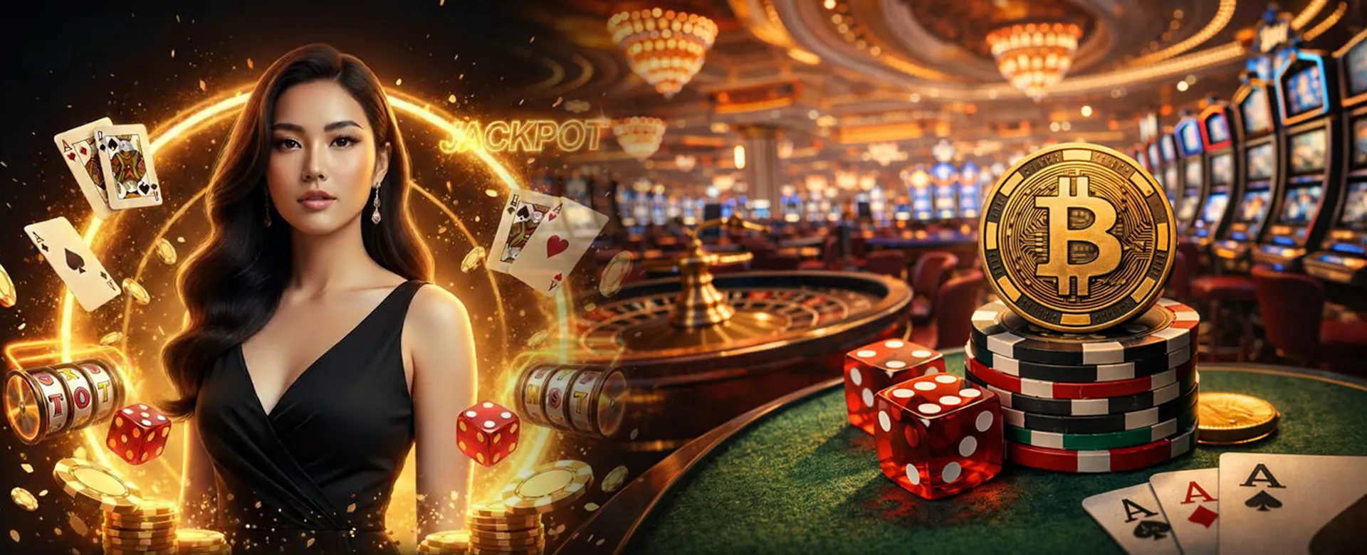 Dynamic casino scene with slot machines and table games at fb777 Casino